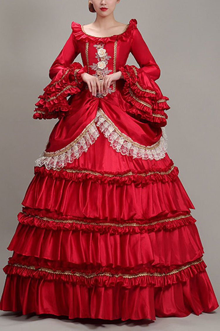 Red Hime Sleeves High Waisted Ruffled Multi-Layer Victorian Lolita Prom Tiered Dress - Red - 1