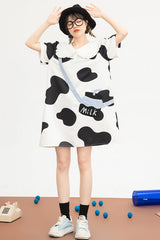 Black/White Doll Collar Short Sleeves Milk Cow Print Sweet Lolita Dress - Product - 2