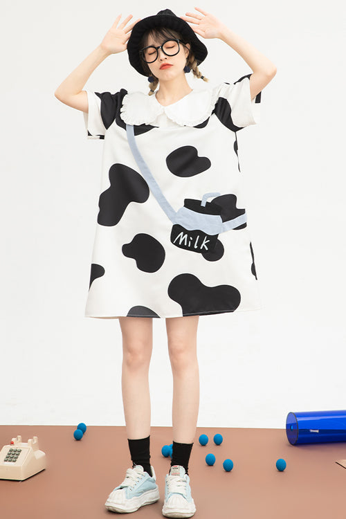 Black/White Doll Collar Short Sleeves Milk Cow Print Sweet Lolita Dress - Product - 2