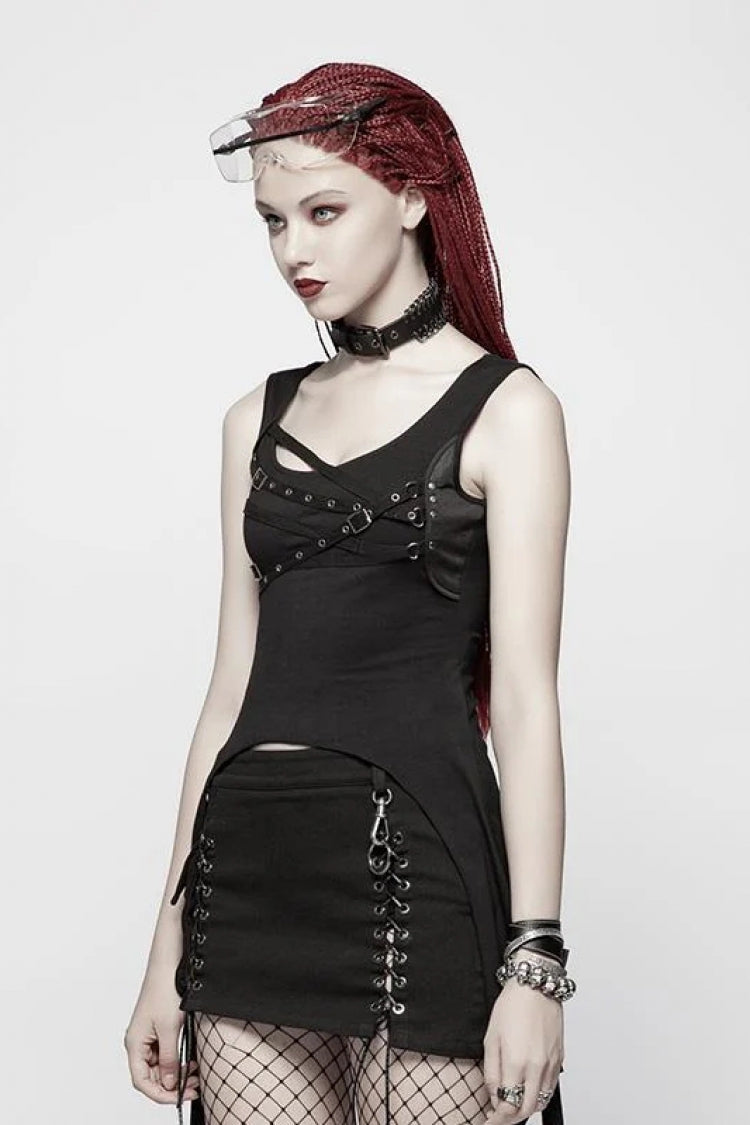 Black Metal Buckle Irregular Hem Women's Punk Vest - Product - 2