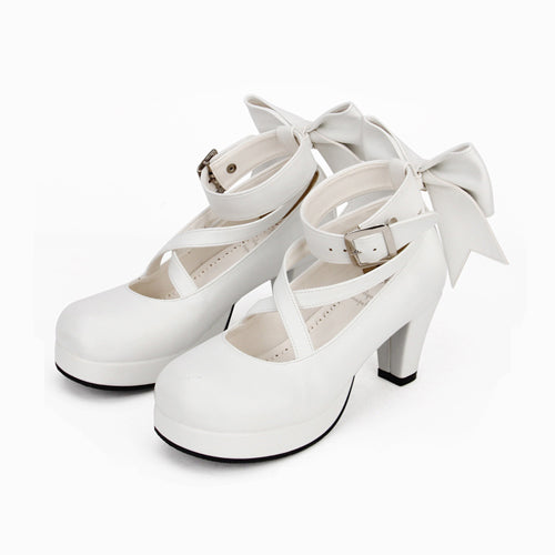 Pure Color Cute Bowknot Sweet Lolita High Heel Shoes - White - 2