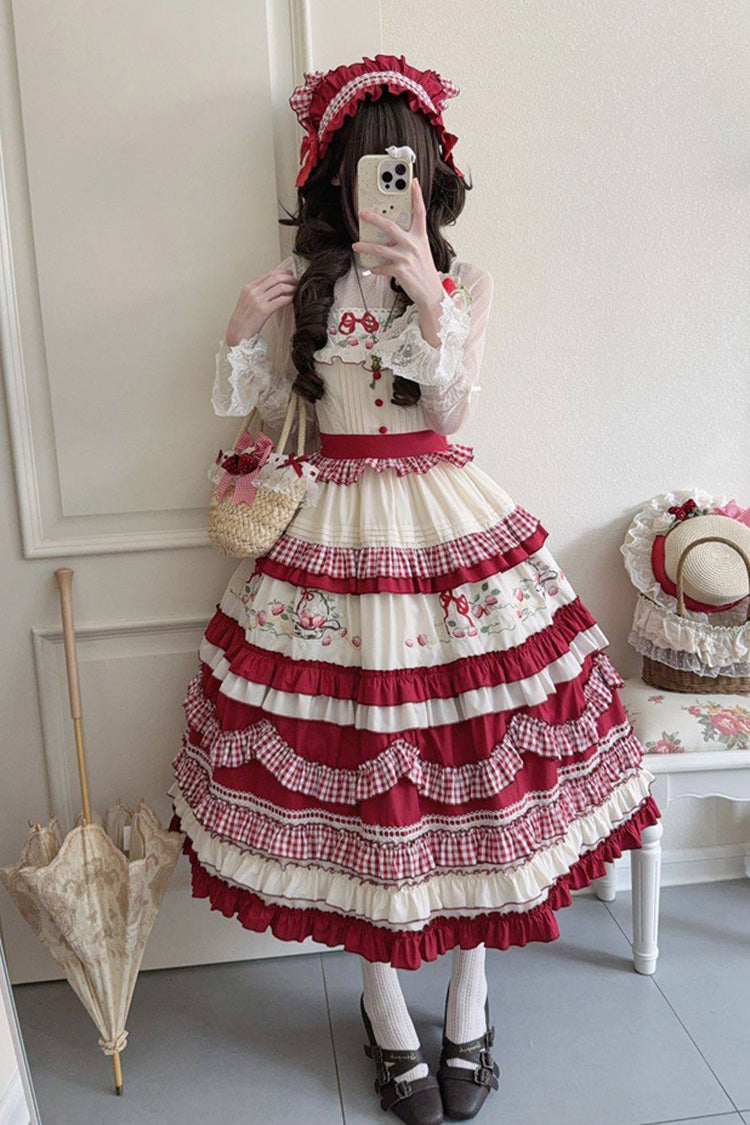 Red [Strawberry Basket] Square Collar Multi-Layered Printed Ruffled Embroidered Bow Sweet Lolita Jsk Dress - Red - 1