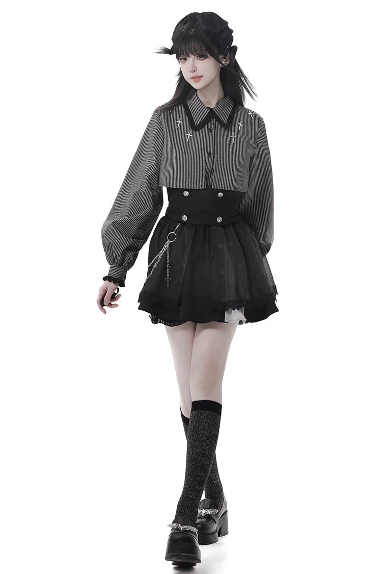 Black [Hymn of the Cross] Long Sleeves Printed Ruffled Asymmetric Chain-Decorated Gothic Jirai Kei Skirt Set - Product - 2