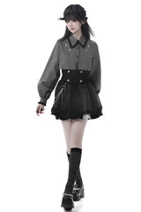 Black [Hymn of the Cross] Long Sleeves Printed Ruffled Asymmetric Chain-Decorated Gothic Jirai Kei Skirt Set - Product - 2