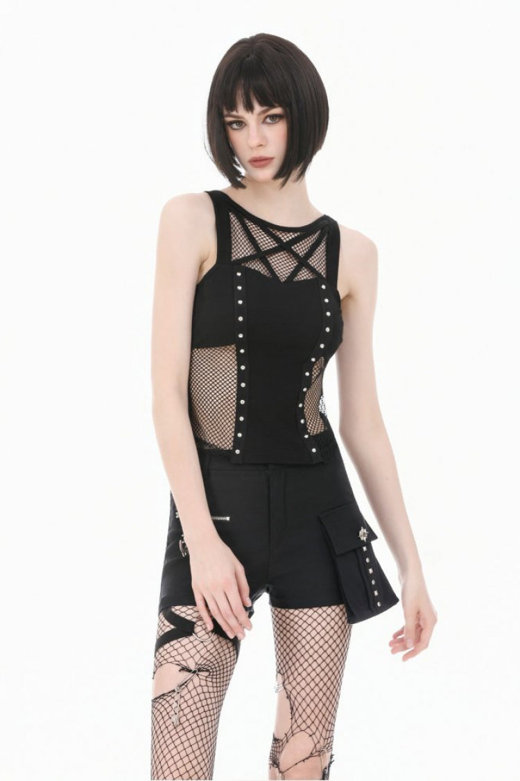Black Women's Punk Sleeveless Studded Pentagram Sheer Mesh Splice Tank Top - Product - 5