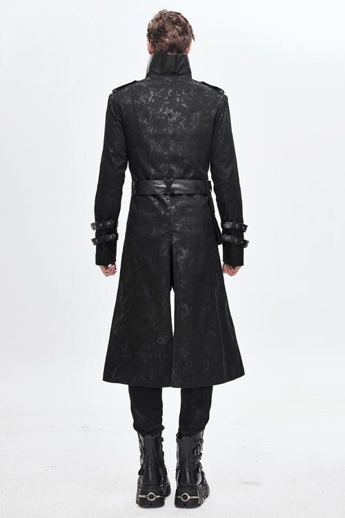 Black Open Collar Printed Belted Long Mens Punk Coat - Product - 4