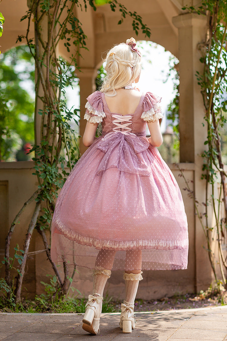 Pink [Moon goddess *Mediana*] Polka Dot Print Ruffle Bowknot Asymmetric Sweet Elegant Lolita Dress - Product - 4