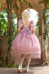 Pink [Moon goddess *Mediana*] Polka Dot Print Ruffle Bowknot Asymmetric Sweet Elegant Lolita Dress - Product - 4