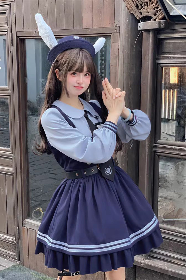 Blue [Rabbit Officer] Long Sleeves Printed Ruffled Faux Two-Piece College Style Sweet Lolita Dress - Product - 7
