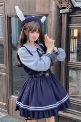 Blue [Rabbit Officer] Long Sleeves Printed Ruffled Faux Two-Piece College Style Sweet Lolita Dress - Product - 7