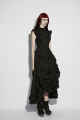 Black Stand Collar Sleeveless Ruffled Embroidered Lace-Up Slim Fit Women's Gothic Elegant Royal Blouse - Product - 2