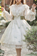 Beige Spitze, runder Kragen, gerüschte Laternenärmel, frischer Blumendruck, süß (Kleid einzeln), Vorderansicht