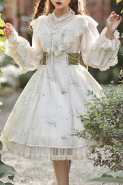 Beige Spitze, runder Kragen, gerüschte Laternenärmel, frischer Blumendruck, süß (Kleid einzeln), Vorderansicht