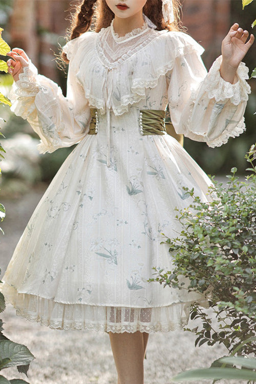 Beige Lace Round Collar Ruffled Lantern Sleeves Fresh Floral Print Sweet (Dress Only) front view