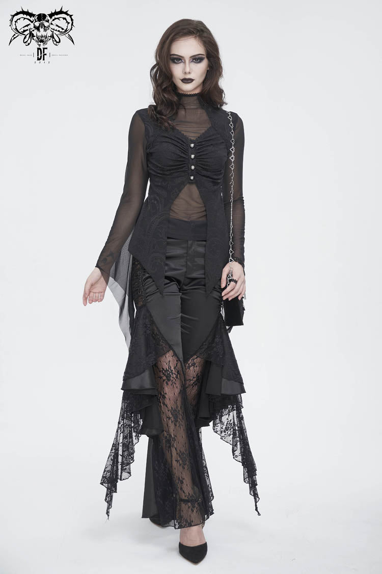 Black Jacquard Mesh Ruffled Long Sleeved Gothic Women's Shirt - Product - 2