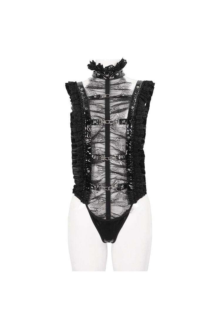 Black Stretch Patent Leather Cutout Lace Ruffle Button Women's Gothic Bodysuit - Product - 6