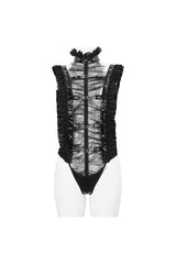 Black Stretch Patent Leather Cutout Lace Ruffle Button Women's Gothic Bodysuit - Product - 6