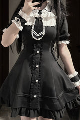 Black [Angel Creed] Short Sleeves Ruffle Bowknot Stitching Lace Gothic Plus Size Japanese College Style Jirai Kei Dress - Product - 4