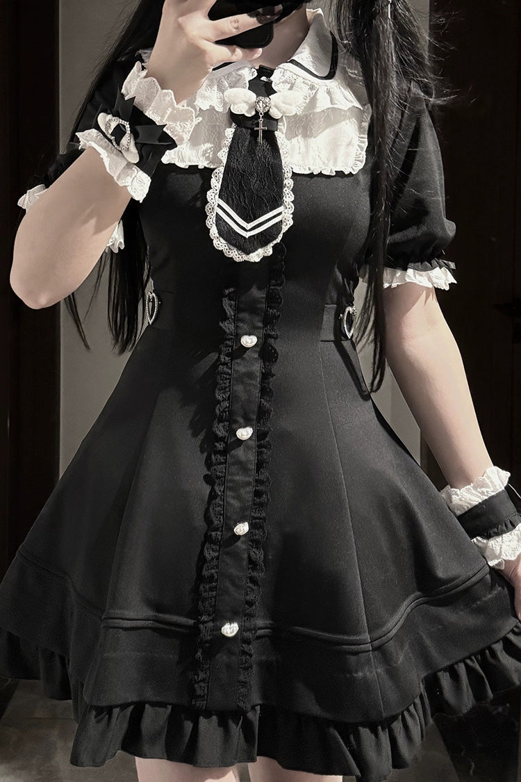 Black [Angel Creed] Short Sleeves Ruffle Bowknot Stitching Lace Gothic Plus Size Japanese College Style Jirai Kei Dress - Product - 4