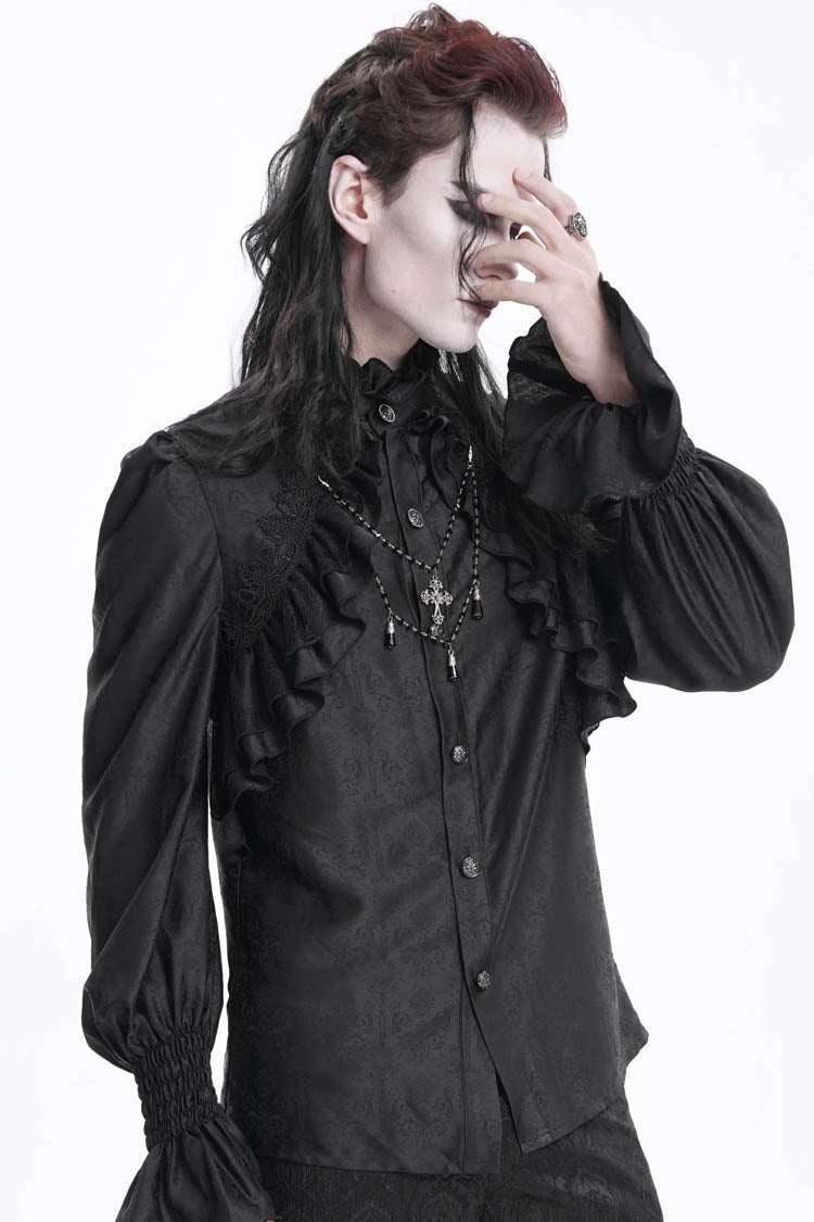 Black Stand Collar Long Sleeves Ruffle Lace Cross Men's Gothic Blouse - Product - 4