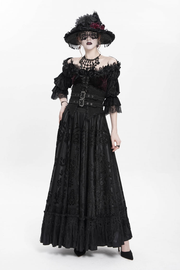 Black Jacquard Embroidery Buckle Tassels Women's Gothic Long Skirt - Black - 1