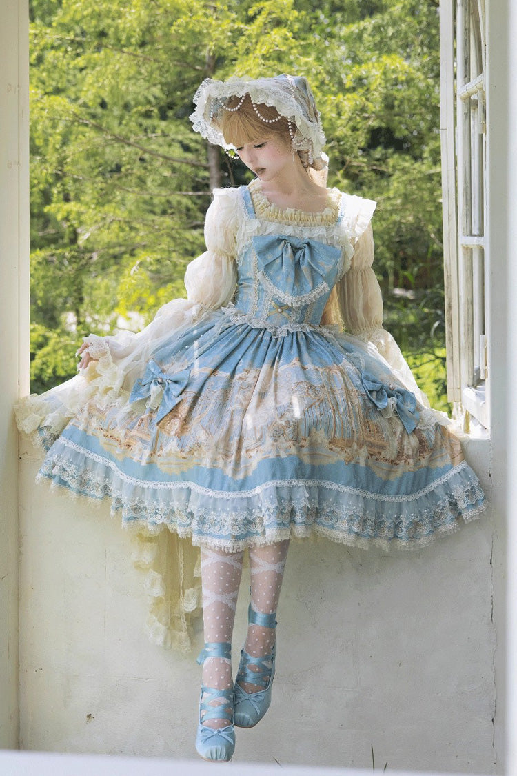 Blue Unicorn Print Sleeveless Multi-Layered Embroidery Bowknot Lace Sweet (Dress Only) detail view 7