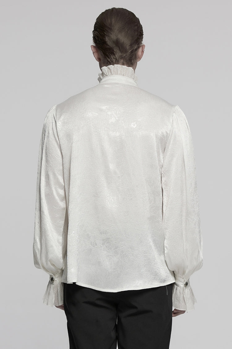 White Stand Collar Long Puff Sleeves Jacquard Ruffle Embroidery Men's Gothic Blouse - Product - 3