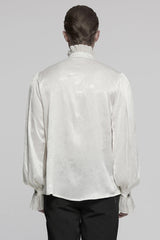 White Stand Collar Long Puff Sleeves Jacquard Ruffle Embroidery Men's Gothic Blouse - Product - 3