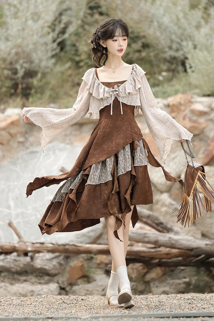 Brown [Dune Traveler] Printed Ruffled Spliced Asymmetric Punk Vintage Lolita Jsk Dress Set - Product - 4