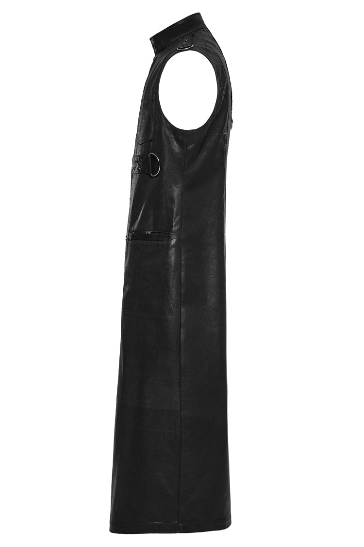Black Stand Collar Sleeveless Faux Leather Men's Punk Long Vest - Product - 6