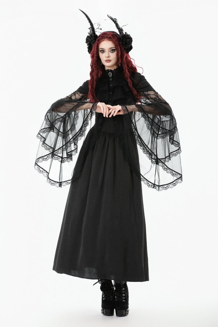 Black Stand Collar Trumpet Sleeves Multi-Layered Ruffled Lace Lace-Up Women's Gothic Wedding Dress - Product - 2