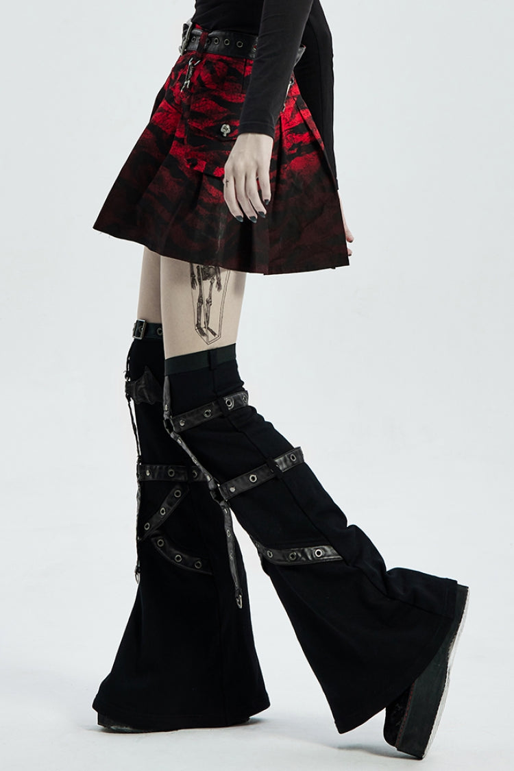 Black/Red Abstract Print Metal Buckle Leather Buckle Women's Steampunk Skirt - Product - 2