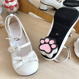 Round Toe Bow Mid Heel Lolita Mary Jane Shoes with Cat Paw Heels 7 Colors - White - 2
