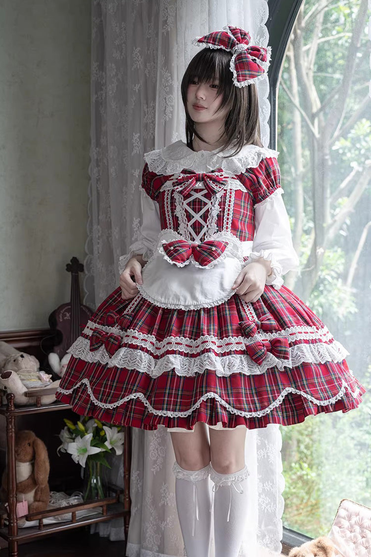 Red [Gingham Petal Bunny] Short Sleeves Printed Ruffled Bow Sweet Lolita OP Dress - Product - 13