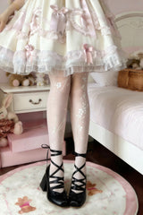 White [Falling Cherry Blossom] Printed Sheer Sweet Japanese Lolita Pantyhose - White - 1