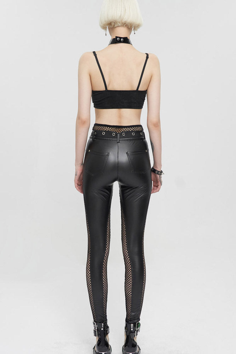 Black Fake Two-Piece Faux Leather Stitching Mesh Networking Women's Punk Pants - Product - 4