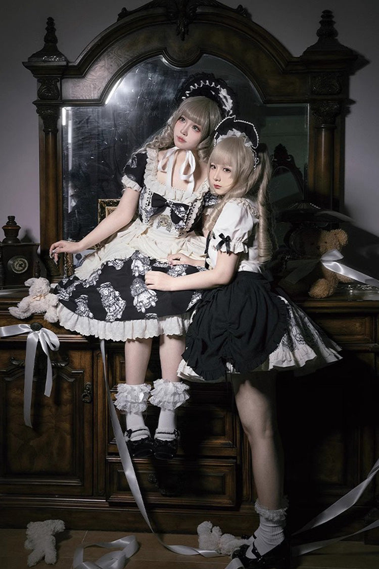 Doll Night Short Sleeves Print Ruffle Embroidery Bowknot Gothic Lolita Dress 2 Colors - Product - 9