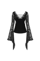 Black Plunging Flared Sleeved Mesh Splice Women's Punk Shirt - Product - 7