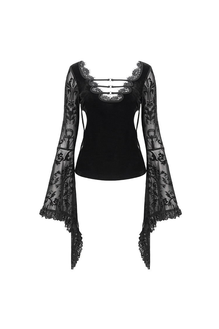 Black Plunging Flared Sleeved Mesh Splice Women's Punk Shirt - Product - 7