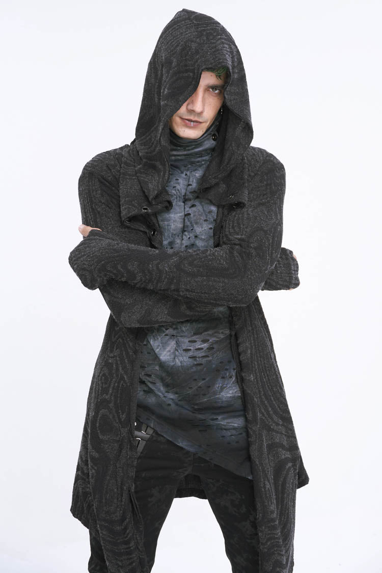 Black Lrregular Back Multi Chain Long Men's Gothic Coat With Hood - Product - 2