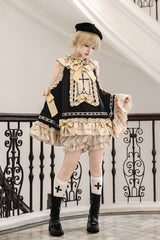 Black/Gold [Saint Child of the Cross] Round Collar Off Shoulder Long Trumpet Sleeves Ruffled Bow Gothic College Style Ouji Lolita Set - Product - 8