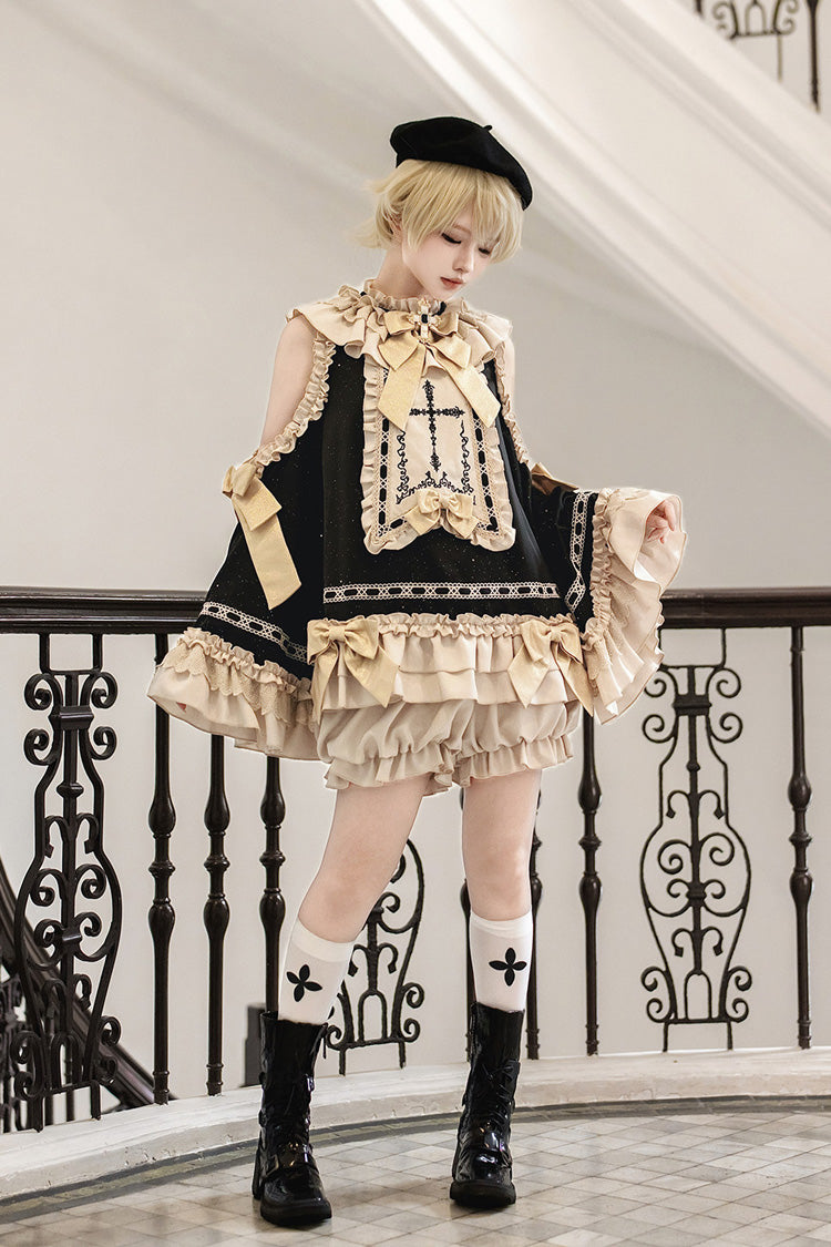 Black/Gold [Saint Child of the Cross] Round Collar Off Shoulder Long Trumpet Sleeves Ruffled Bow Gothic College Style Ouji Lolita Set - Product - 8