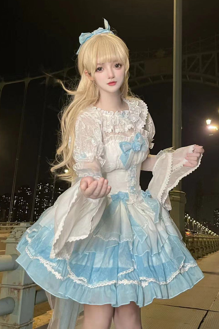 White/Blue Gradient Multi-layer Ruffle Bowknot Lace Sweet Lolita Jsk Dress - White/Blue - 1