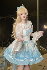 White/Blue Gradient Multi-layer Ruffle Bowknot Lace Sweet Lolita Jsk Dress - White/Blue - 1