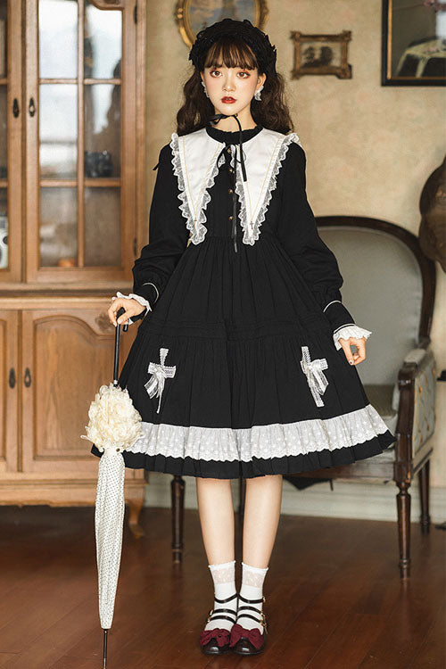 Dark Black Temple Of The Cross Doll Collar High Waisted Long Sleeves Multi-Layer Ruffled Gothic Lolita OP Dress - Product - 2