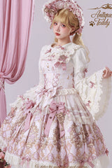 Pink [Antique Teddy Bear] Sleeveless Printed Bow Lace Sweet Elegant Lolita Jsk Dress - Product - 11