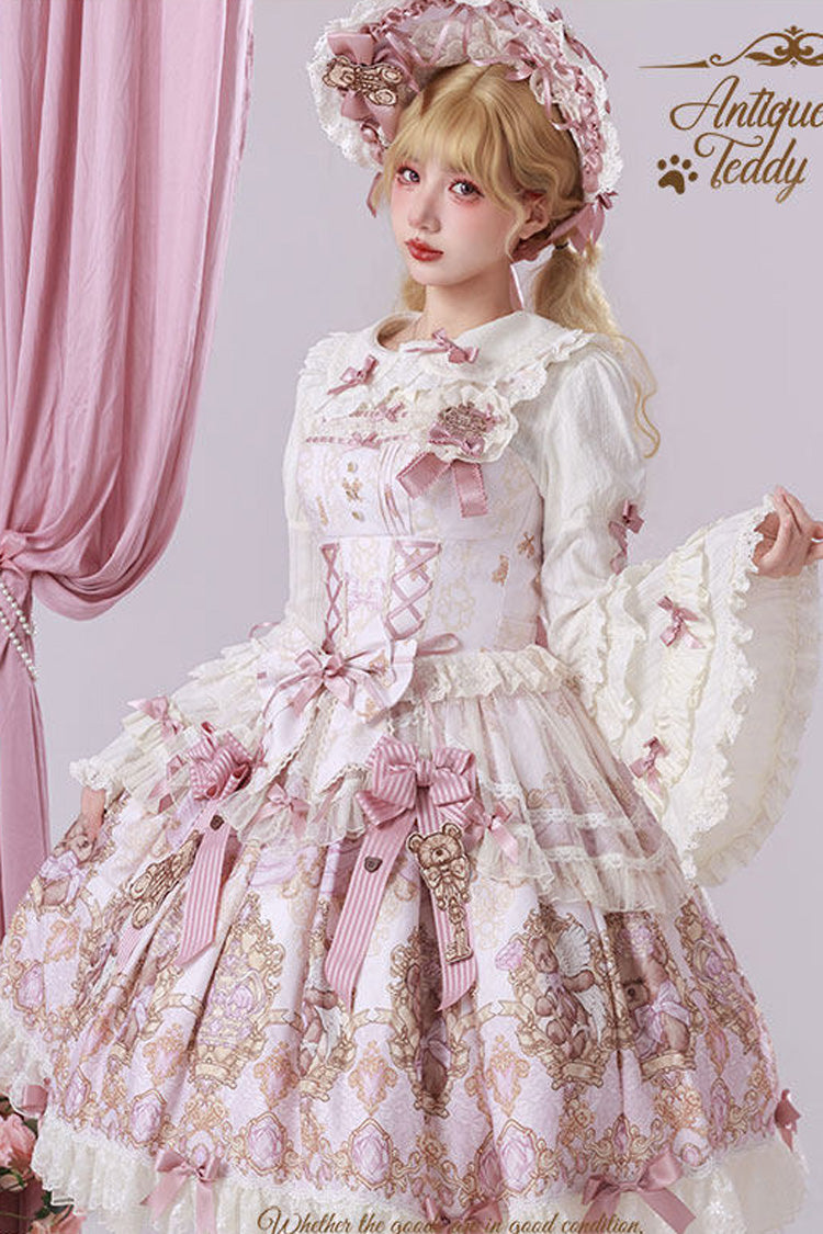 Pink [Antique Teddy Bear] Sleeveless Printed Bow Lace Sweet Elegant Lolita Jsk Dress - Product - 11
