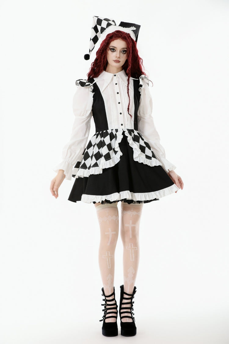 Black/White Harlequin Sharp Point Collar Long Puff Sleeves Women's Lolita Gothic Dress - Black - 1