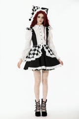 Black/White Harlequin Sharp Point Collar Long Puff Sleeves Women's Lolita Gothic Dress - Black - 1