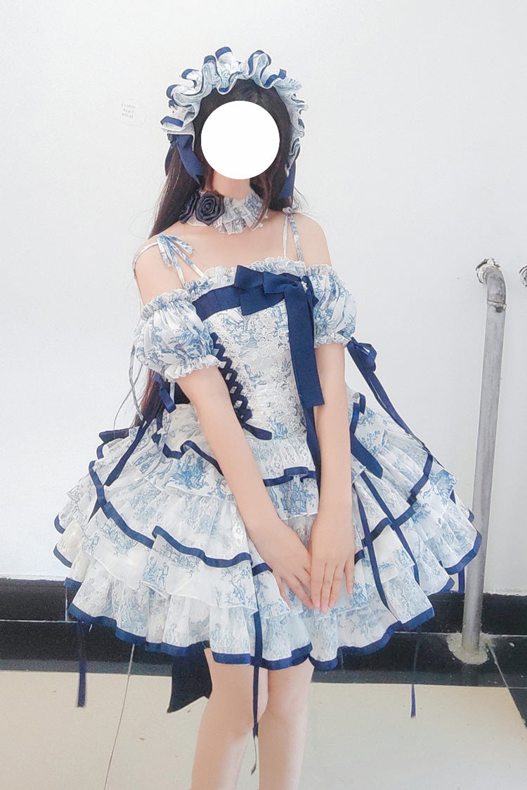 Blue/White Sleeveless Multi-Layered Print Bowknot Fishbone Sweet Classic Chinese Style Lolita Jsk Short Dress - Product - 5